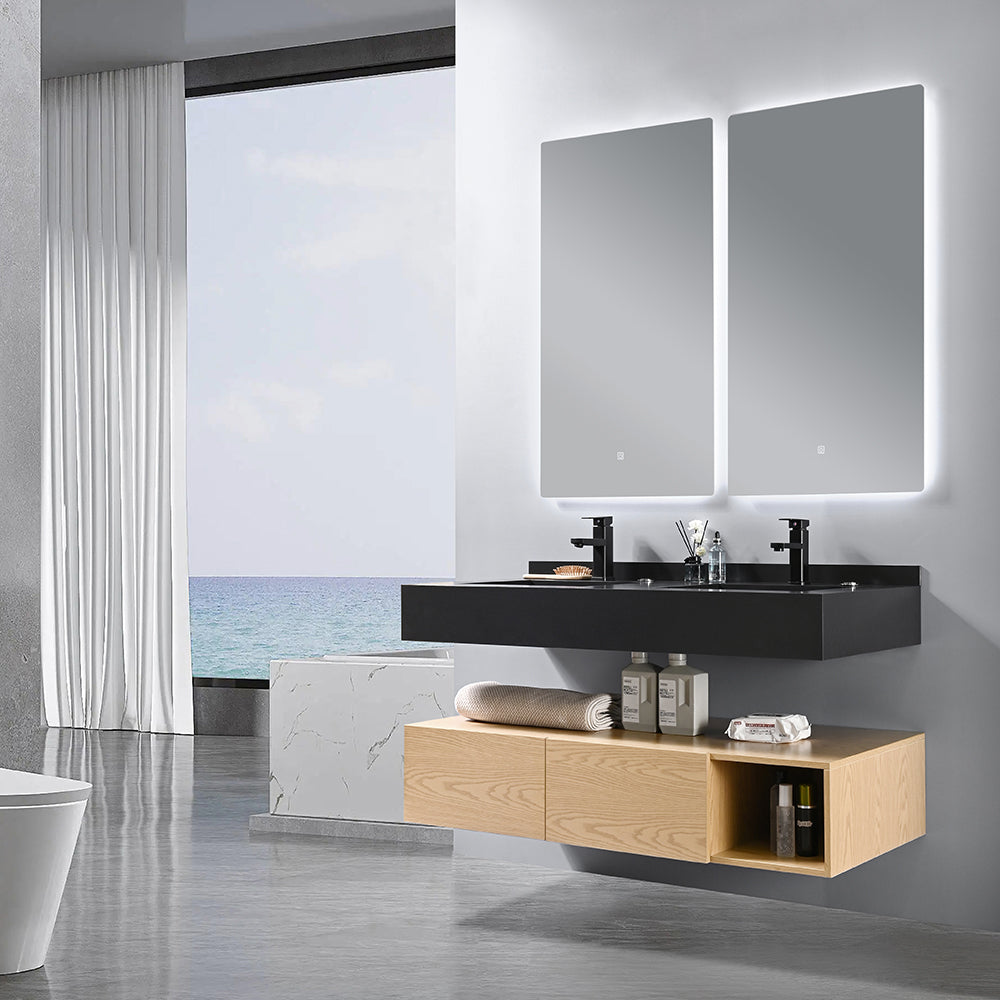 Meuble salle de bain suspendu ROSALIND 120 cm + vasque double intégrée noir + 2 miroirs LED tactiles