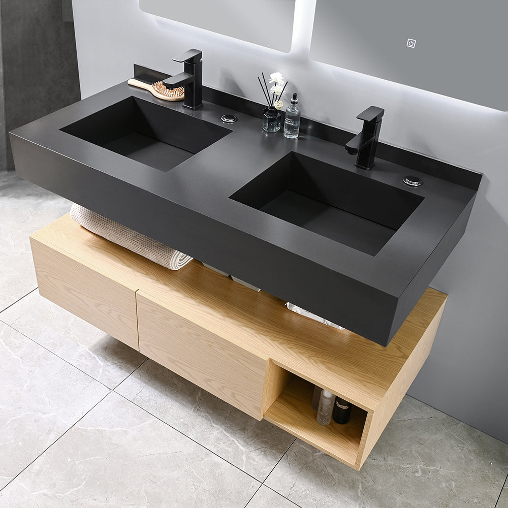 ROSALIND suspended bathroom cabinet (70/100/120) + black integrated washbasin + touch-sensitive LED mirror