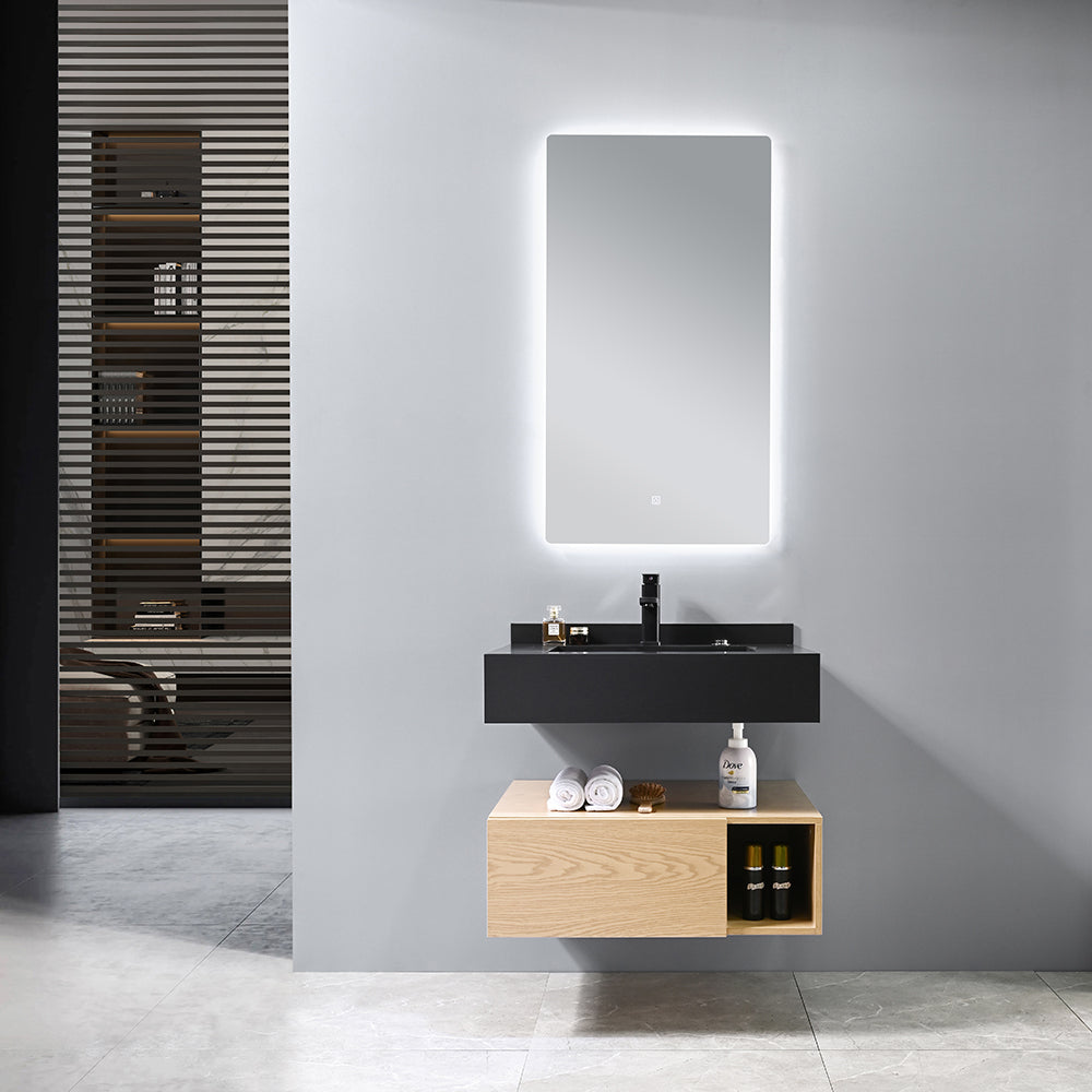 ROSALIND suspended bathroom cabinet (70/100/120) + black integrated washbasin + touch-sensitive LED mirror