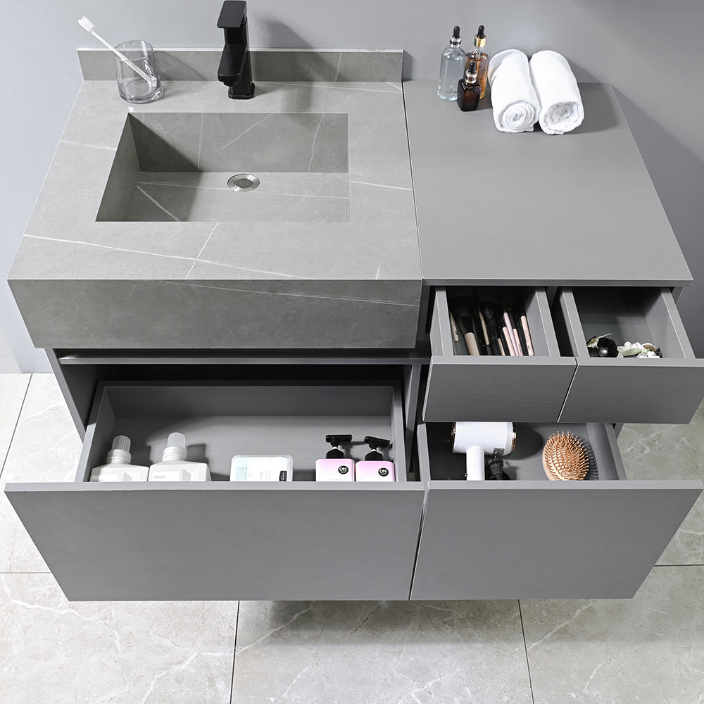 Meuble salle de bain suspendu SERENA 100 cm + vasque intégrée (Blanc/gris) + miroir LED tactile
