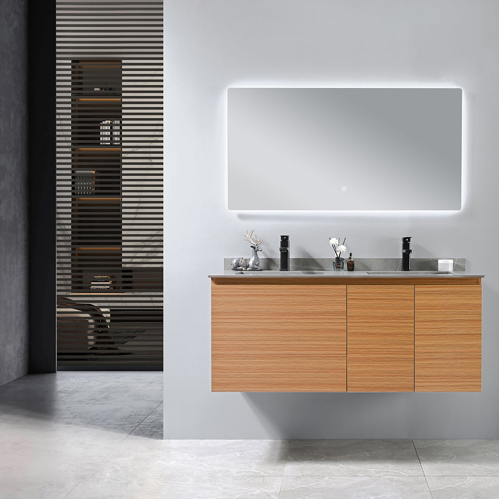 Meuble salle de bain suspendu VALENTINA 120 cm + double vasque intégrée (gris/blanc) + miroir LED tactile