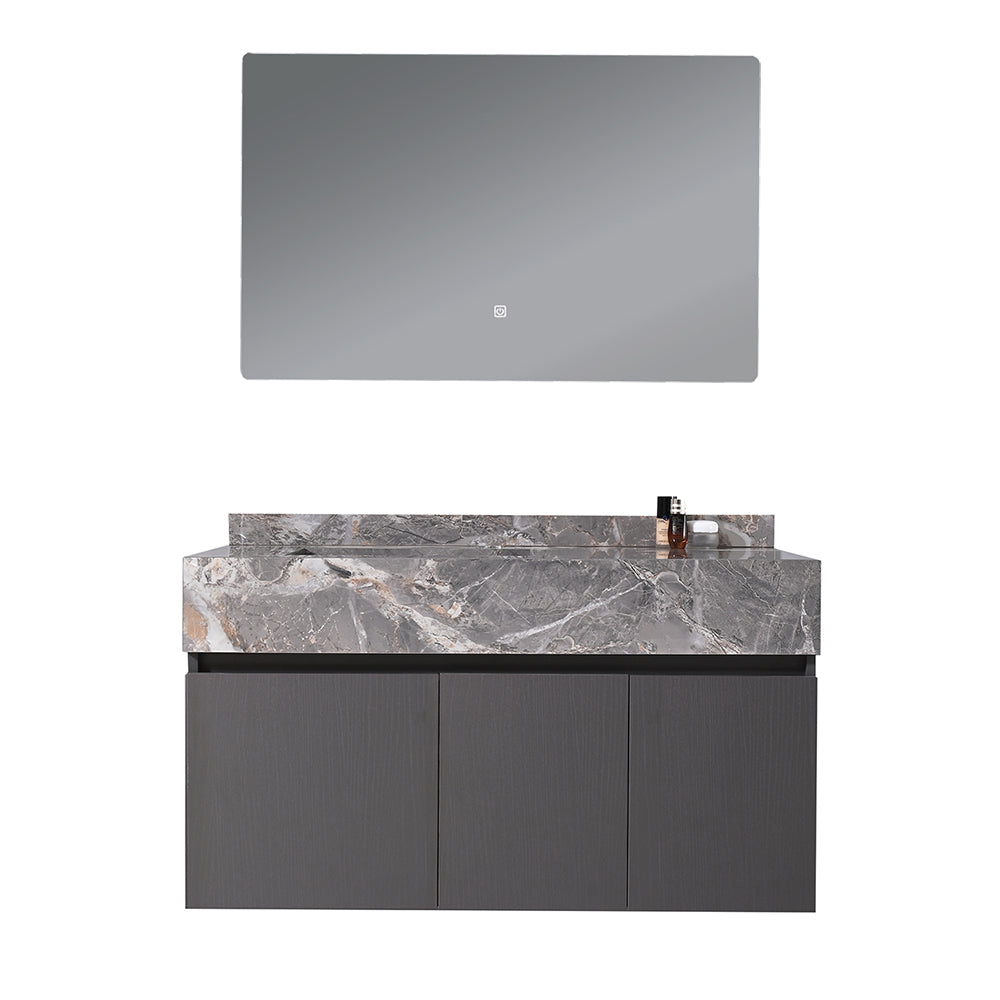 Meuble salle de bain suspendu 100 cm vasque gris effet marbre avec miroir LED - Bellegno