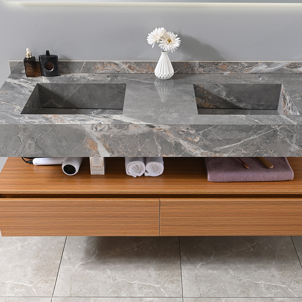 Meuble salle de bain double vasque grise ROSA 140 cm + miroir