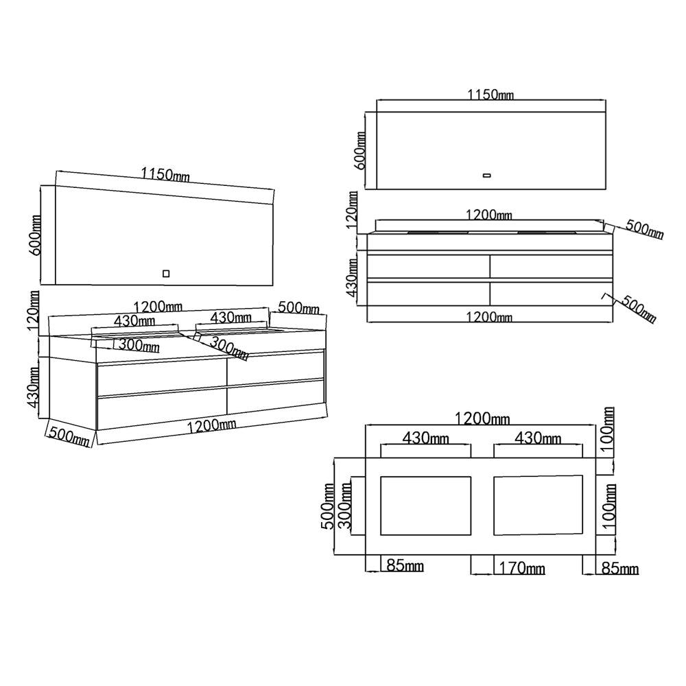 Dimensions meuble salle de bain double vasque 120 cm Amelia - Bellegno