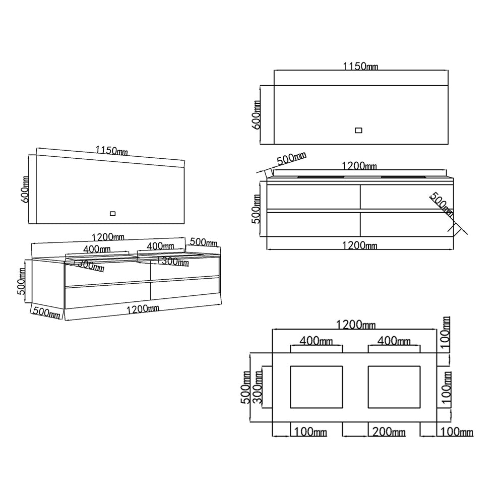 Dimensions meuble salle de bain double vasque 120 cm Emma - Bellegno