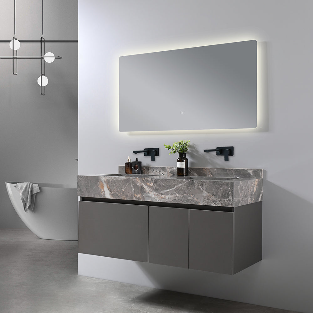 VICTORIA wall-hung bathroom cabinet 120 cm + gray integrated double basin + touch-sensitive LED mirror